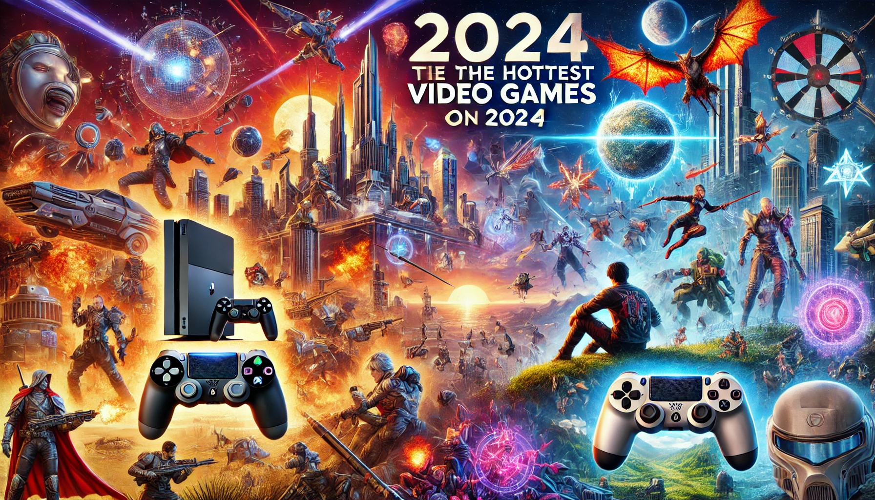 the ultimate guide to the hottest video games of 2024, featuring a collage of game elements like futuristic cityscapes, fantasy worlds, epic battles, and iconic video game symbols. 