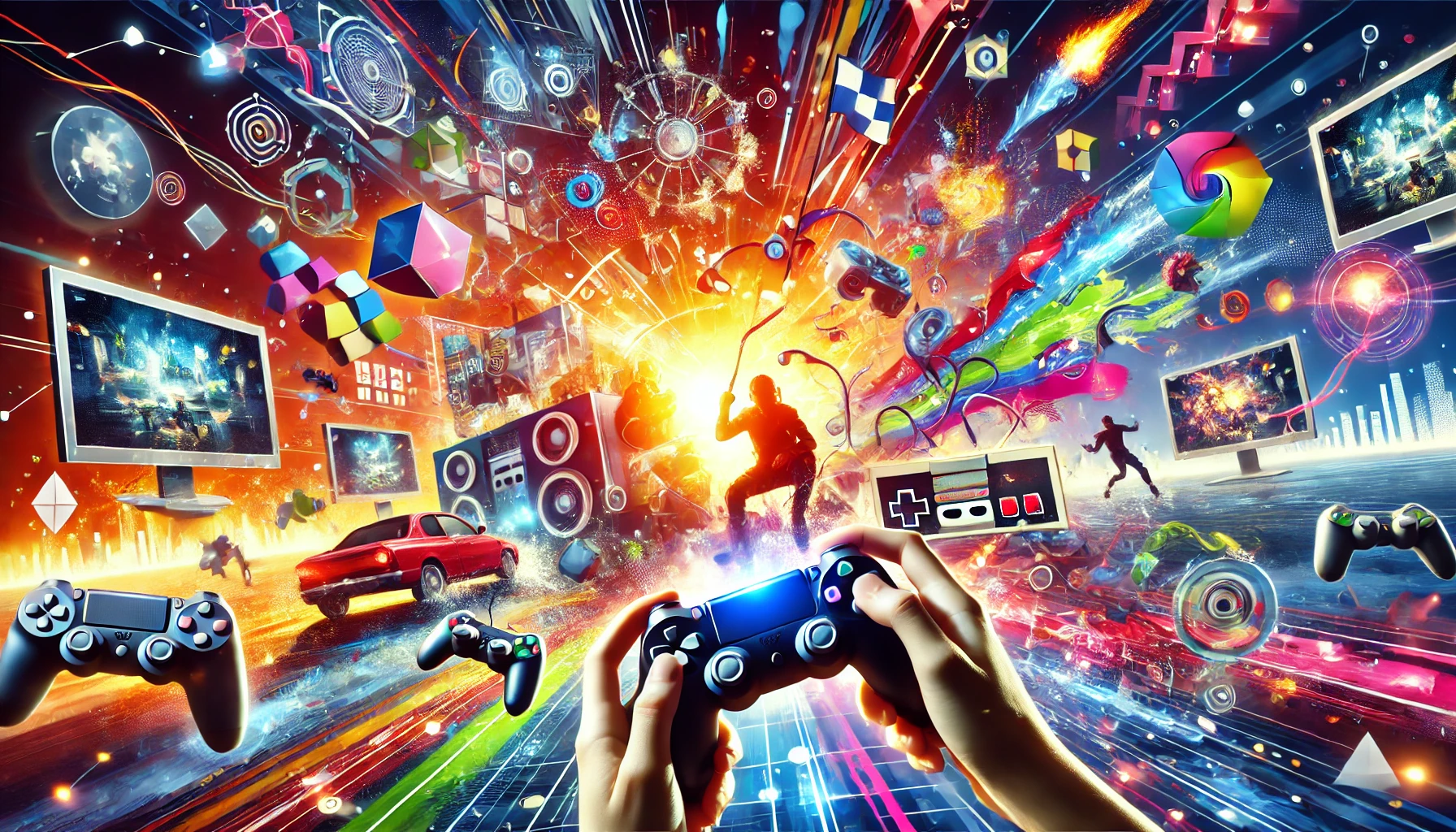 the excitement of video gaming, featuring a cheerful atmosphere with video game elements such as controllers, screens displaying game action, colorful game environments, and abstract elements that convey the energy and joy of gaming.