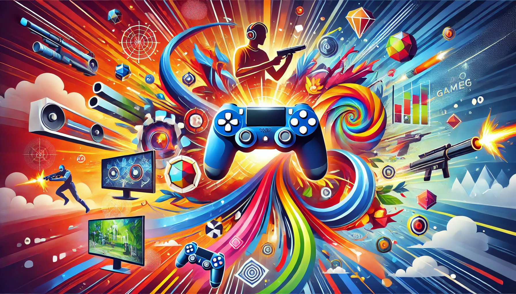 the thrill of video gaming, featuring elements like game controllers, screens with game action, and colorful environments that represent different game genres.