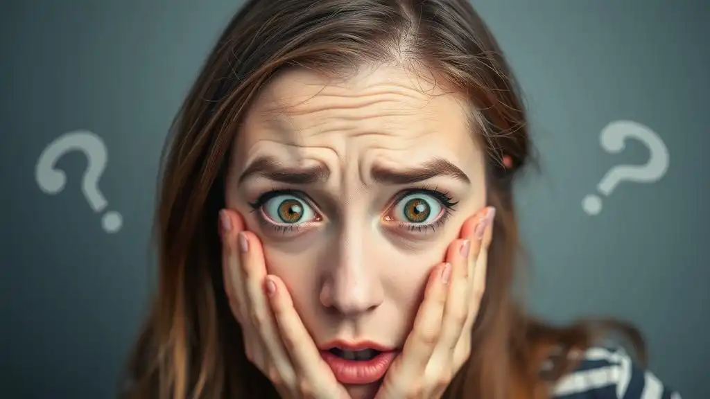 A worried woman is looking around in a panic, wondering what she should do.