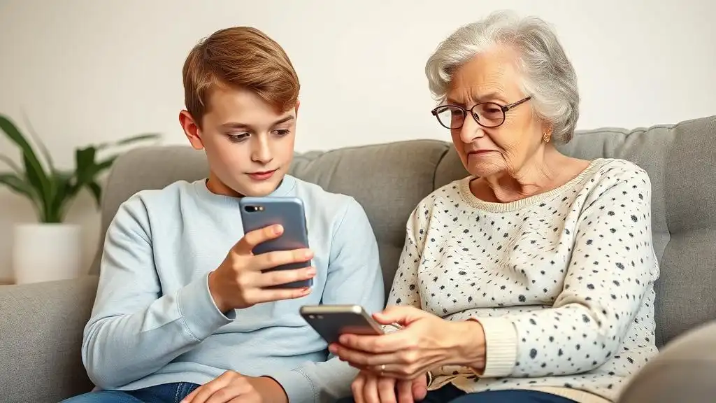 A teenage boy is sitting next to his grandmother and shows her his phone screen (explaining how to install the tracking app).