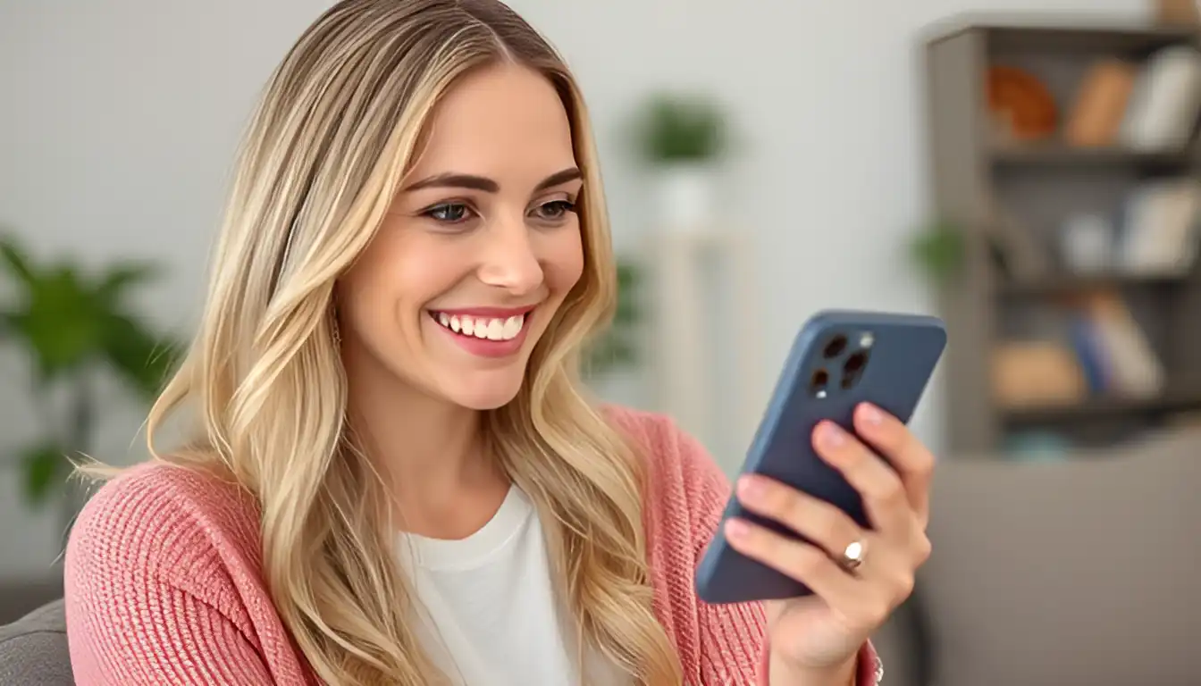 A happy woman is installing and configuring a phone location app, ensuring her phone and family members are trackable at all times.