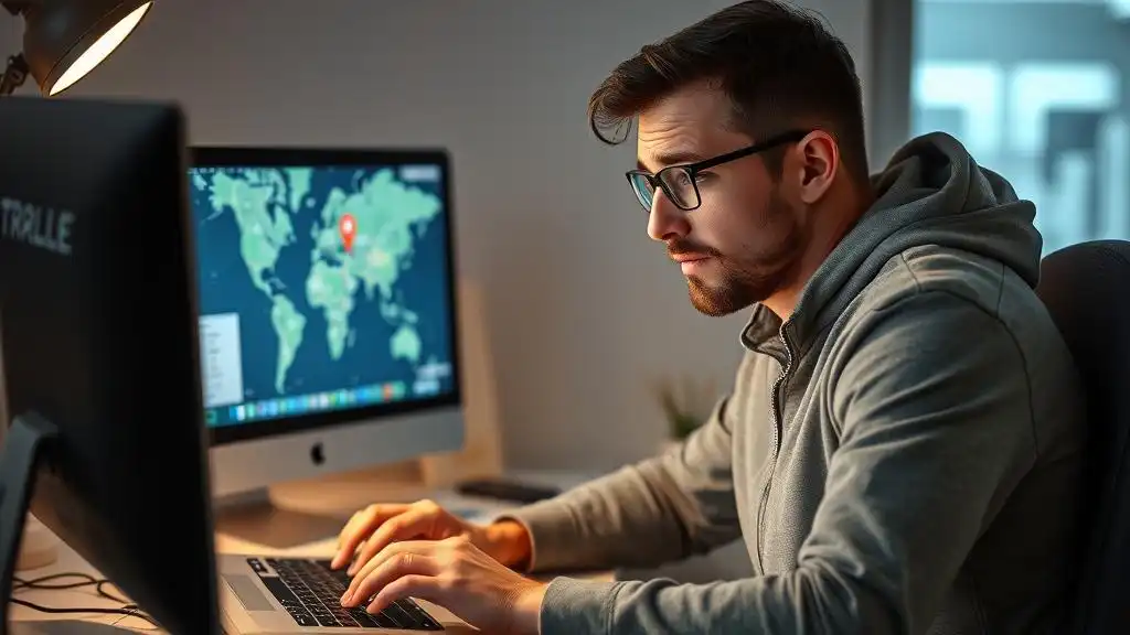 A puzzled male user sits in front of his PC and tries to track the location of his lost device on a map.