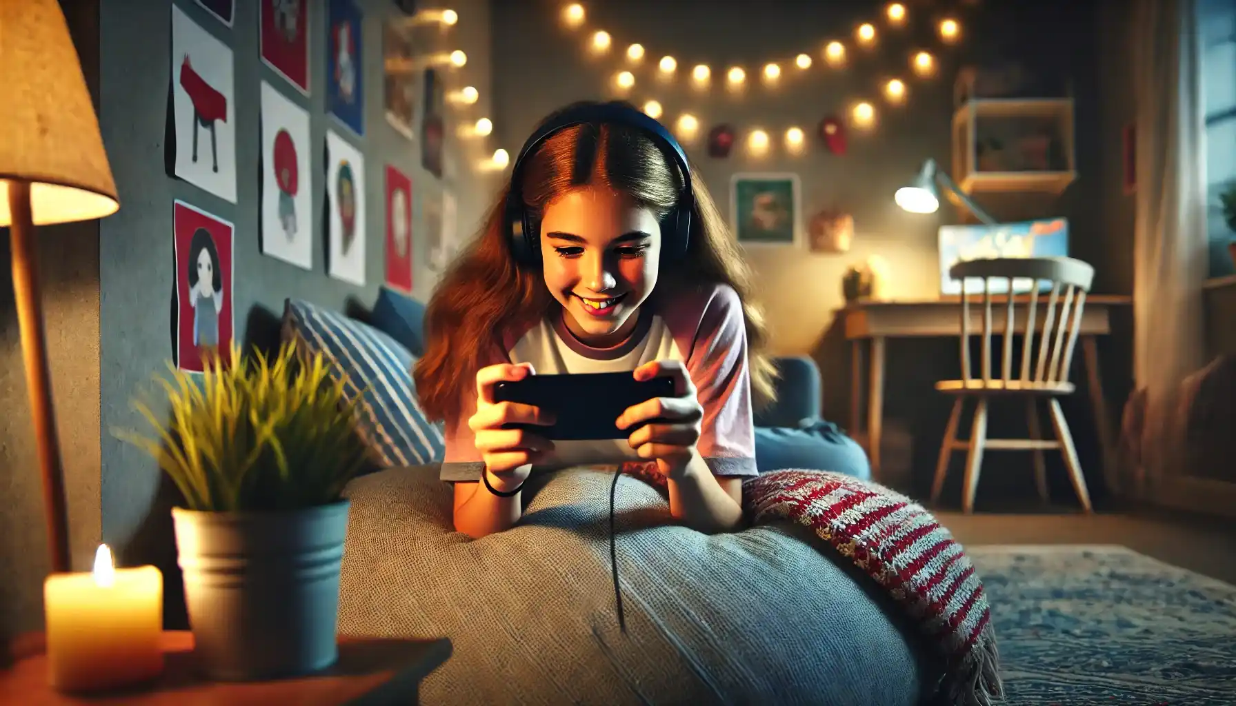 a teenage girl lying on a beanbag, playing a game on her smartphone.