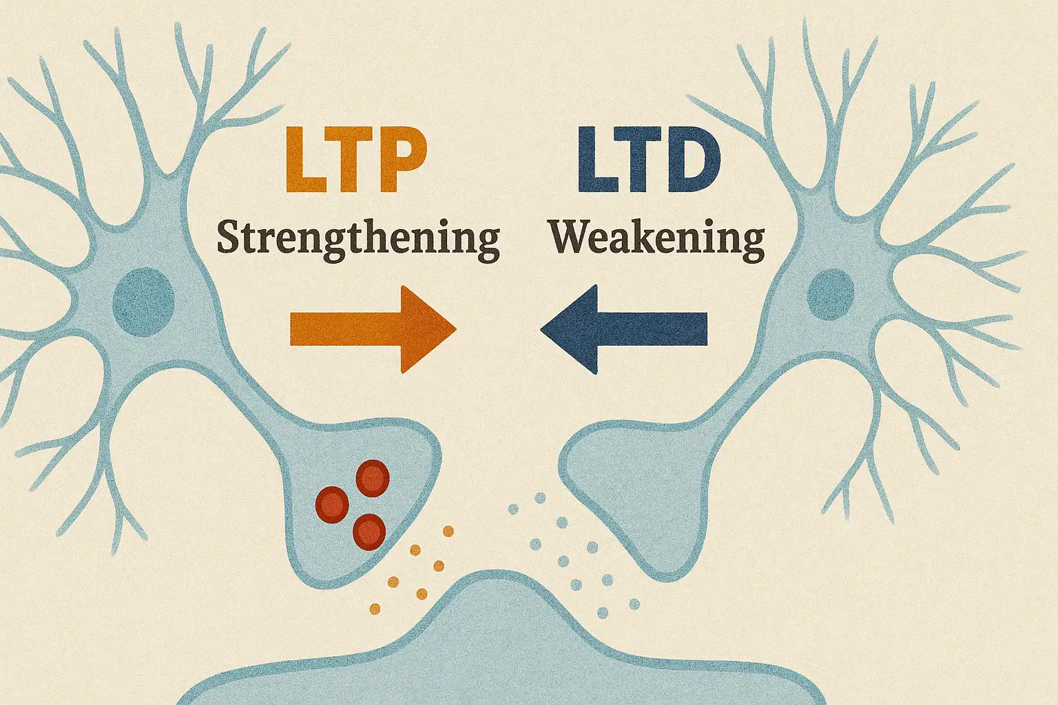Diagram of synaptic plasticity showing strengthening and weakening of neural connections.