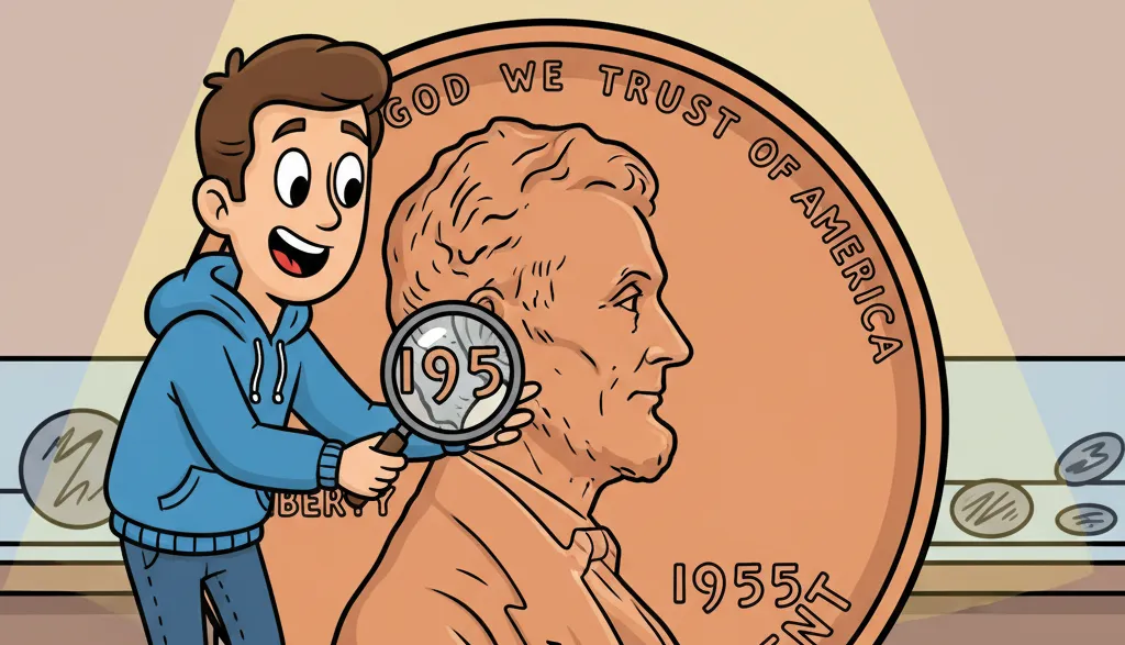 young man looks at Lincoln 1955 Penny thought magnifier