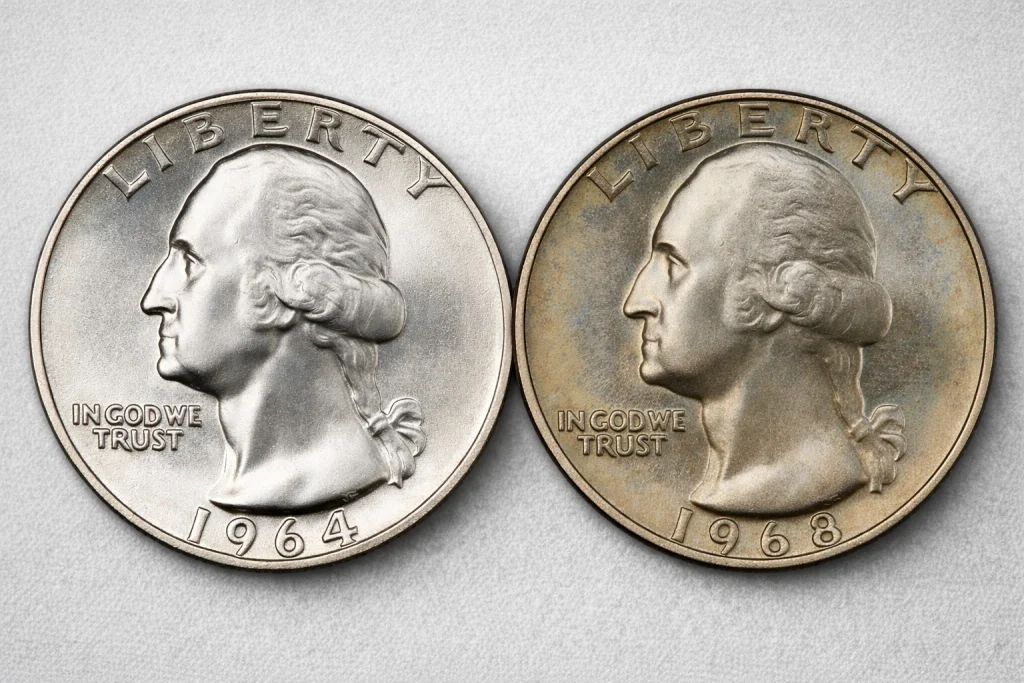 1964 silver quarter and 1968 clad quarter side by side, showing difference in metal tone.