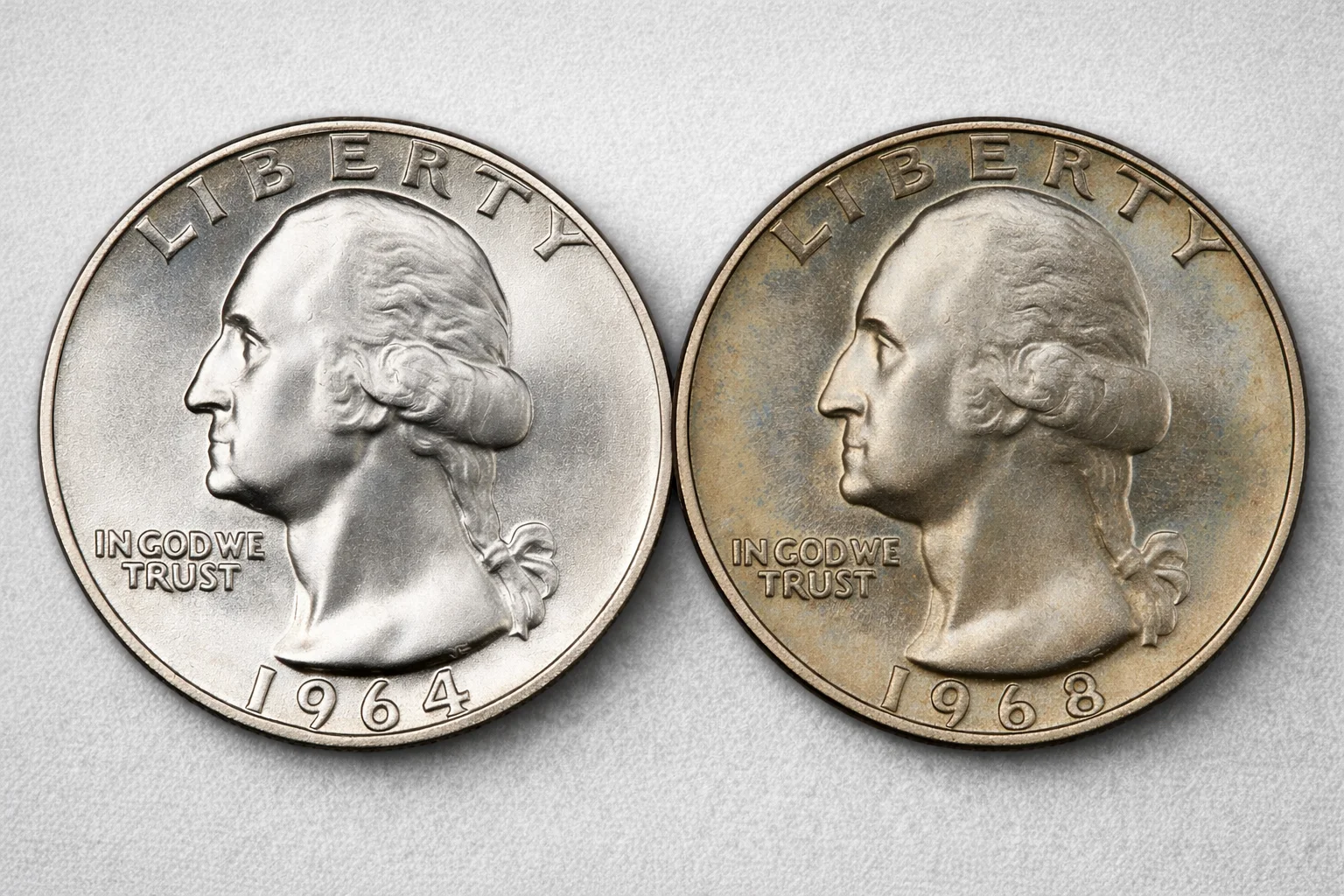 1964 silver quarter and 1968 clad quarter side by side, showing difference in metal tone.